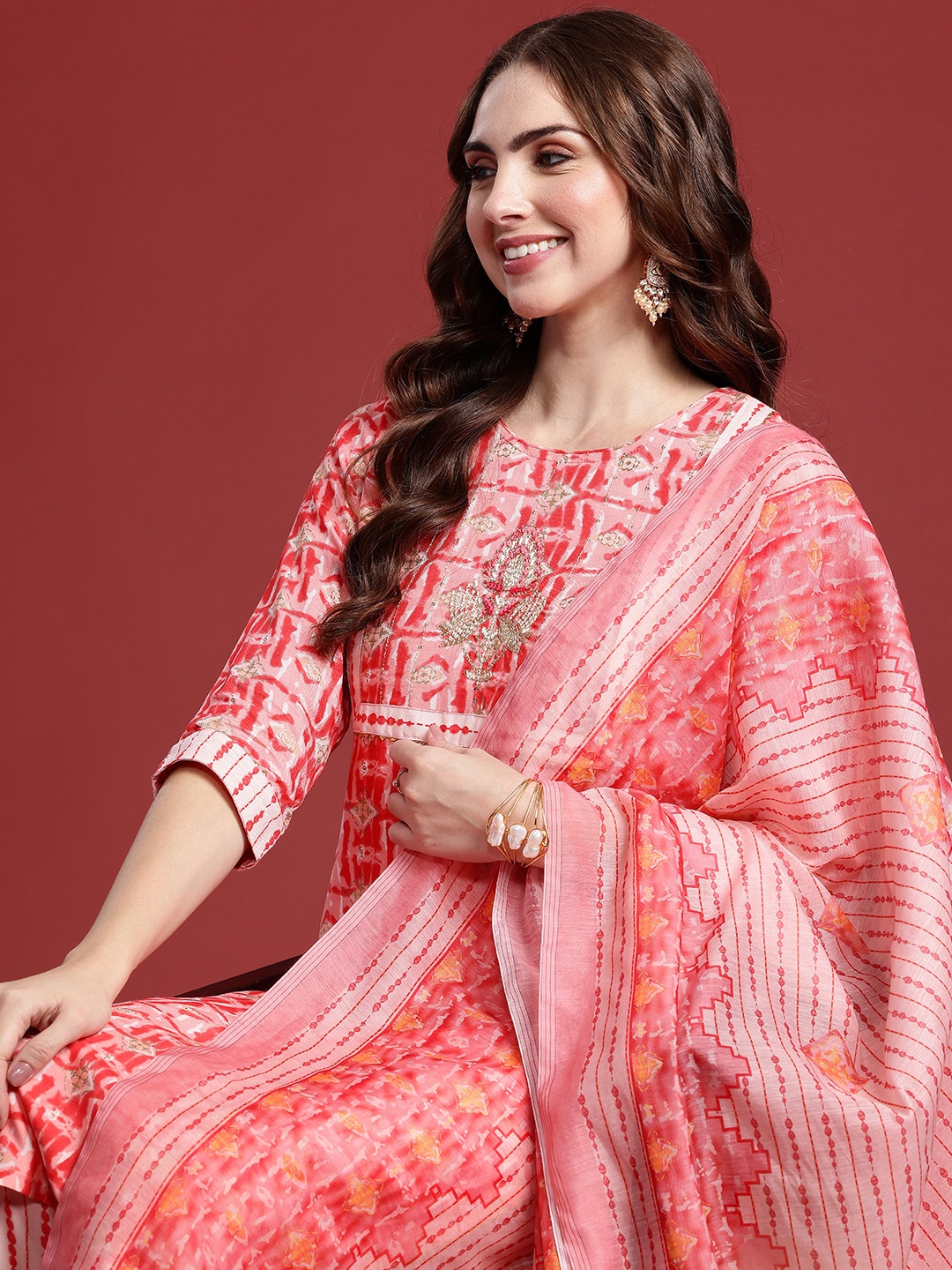 

Anouk Yoke Design Regular Gotta Patti Kurta with Trousers & Dupatta, Peach