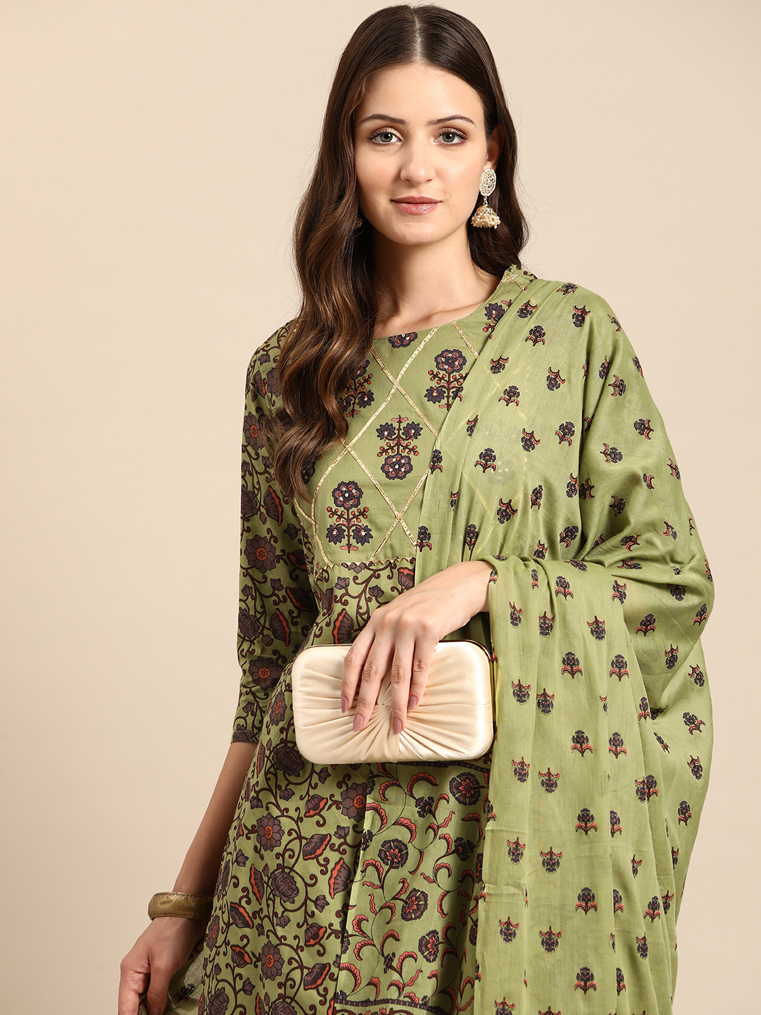 

Anouk Floral Print Pure Cotton Kurta with Trousers & Dupatta, Olive