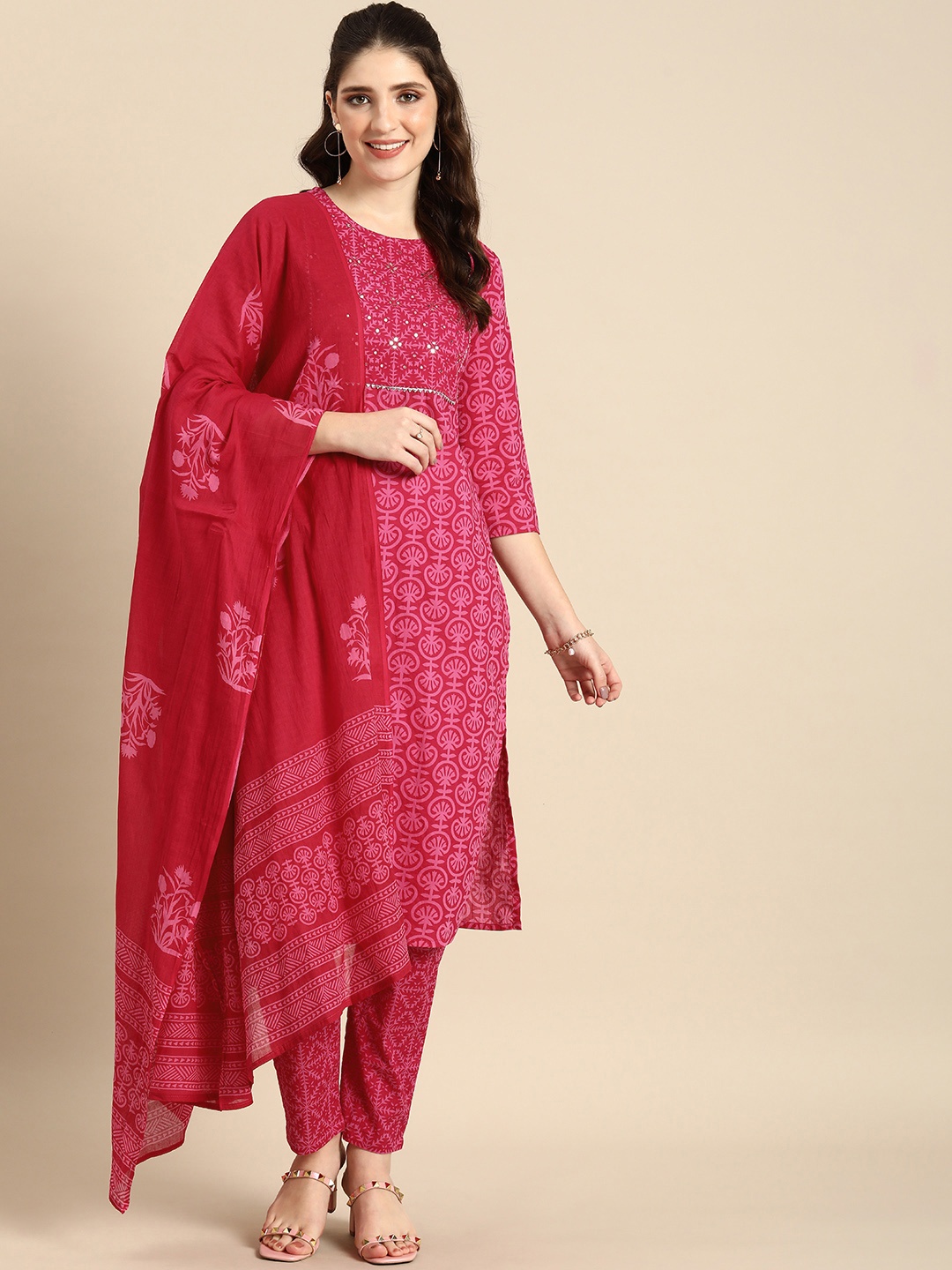 

Anouk Ethnic Motifs Printed Pure Cotton Kurta with Trousers & Dupatta, Pink