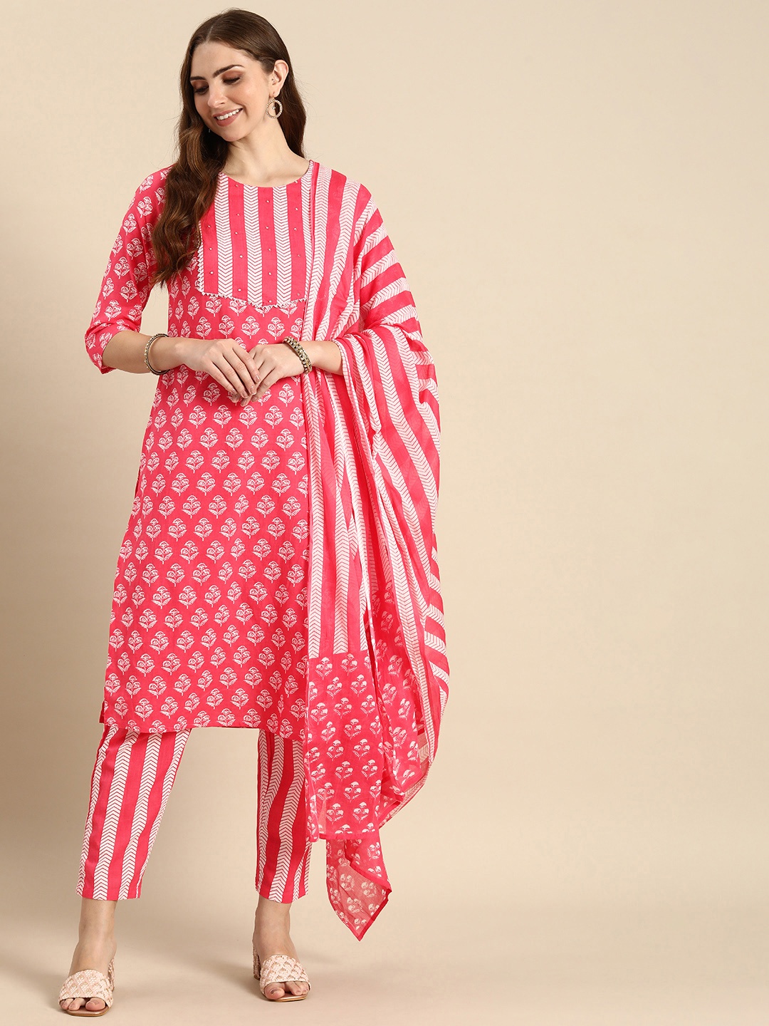 

Anouk Women Floral Printed Regular Pure Cotton Kurta With Trousers & Dupatta, Pink
