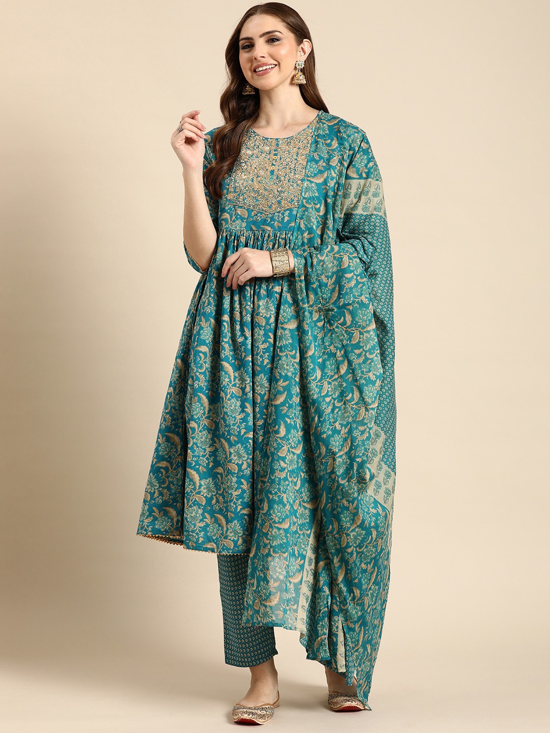 

Anouk Ethnic Motifs Printed Sequinned Pure Cotton A-Line Kurta with Trousers & Dupatta, Teal