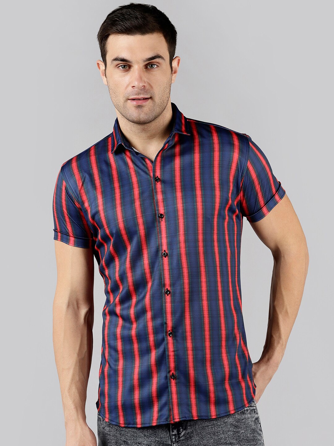 

COMBRAIDED Spread Collar Slim Fit Striped Casual Shirt, Red
