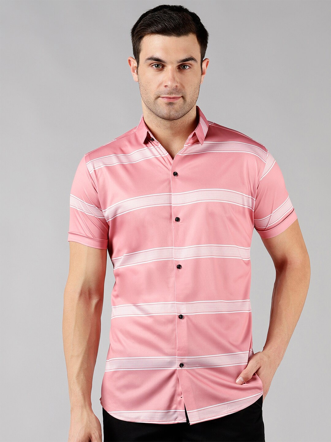 

COMBRAIDED Spread Collar Slim Fit Striped Casual Shirt, Pink
