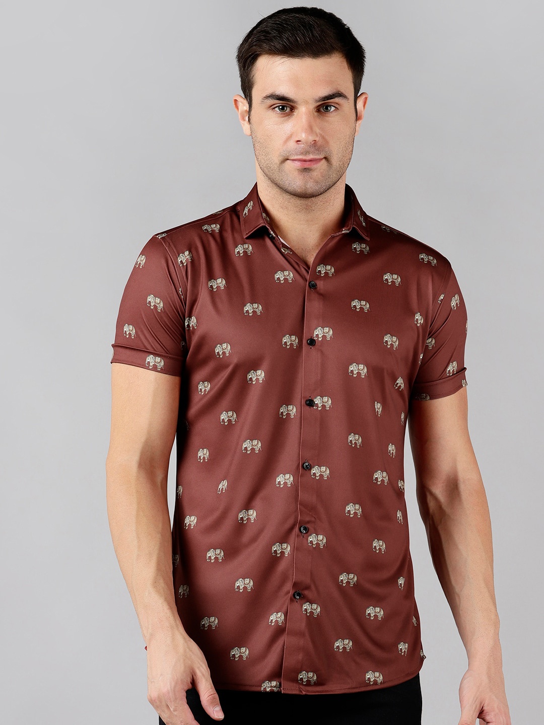 

COMBRAIDED Conversational Printed Slim Fit Casual Shirt, Brown