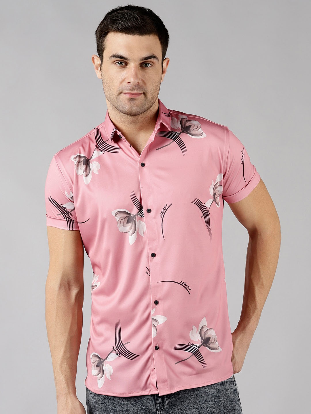 

COMBRAIDED Spread Collar Slim Fit Floral Printed Casual Shirt, Pink