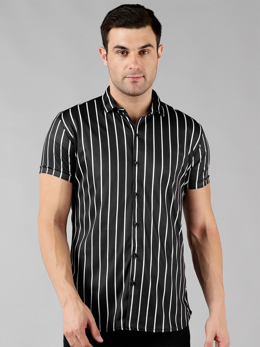 

COMBRAIDED Spread Collar Slim Fit Striped Casual Shirt, Black