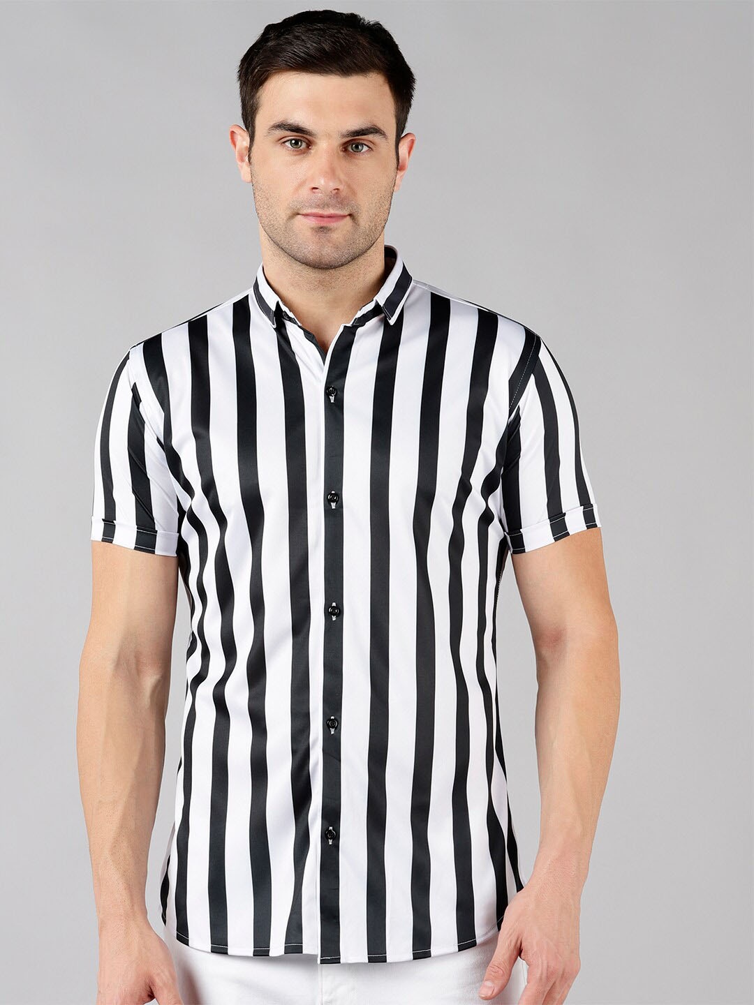 

COMBRAIDED Spread Collar Slim Fit Striped Casual Shirt, Black