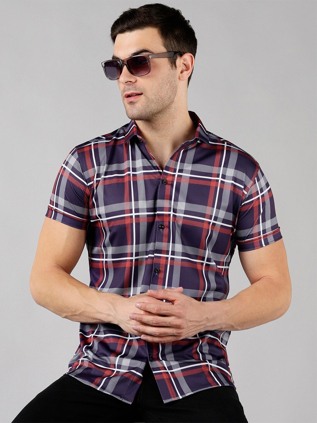 

COMBRAIDED Spread Collar Slim Fit Tartan Checked Casual Shirt, Navy blue