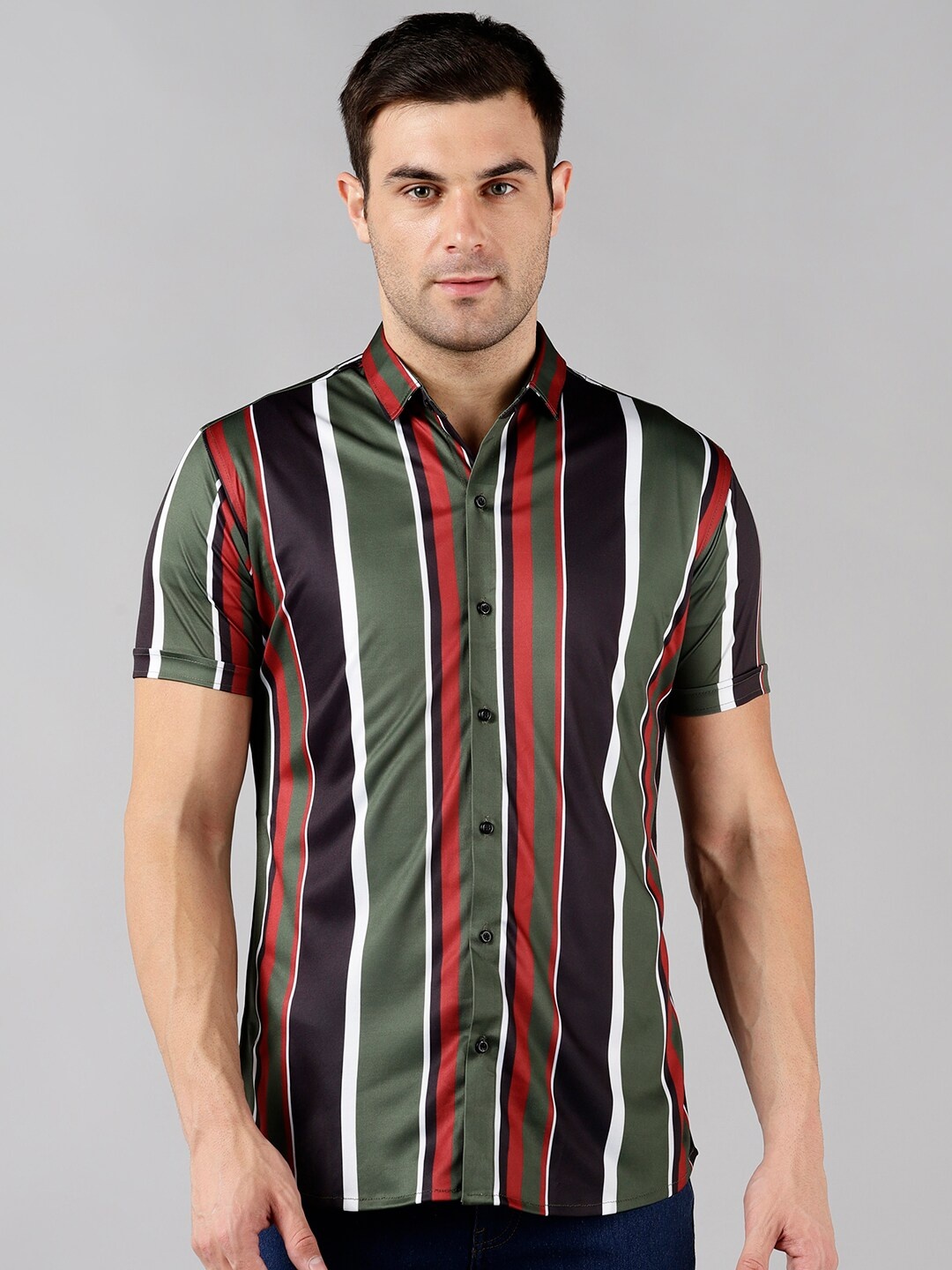 

COMBRAIDED Spread Collar Slim Fit Striped Casual Shirt, Green