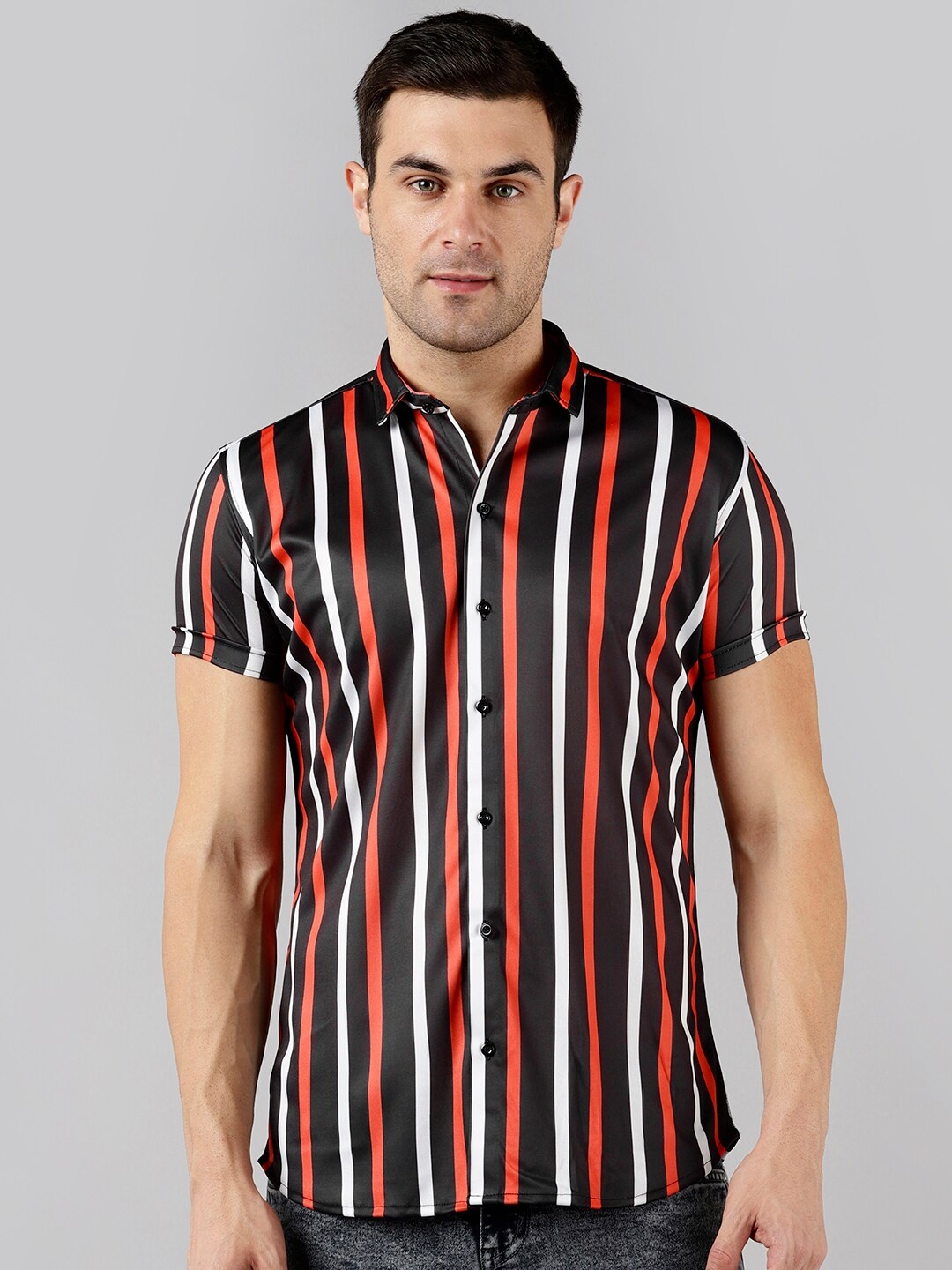 

COMBRAIDED Spread Collar Slim Fit Striped Casual Shirt, Red