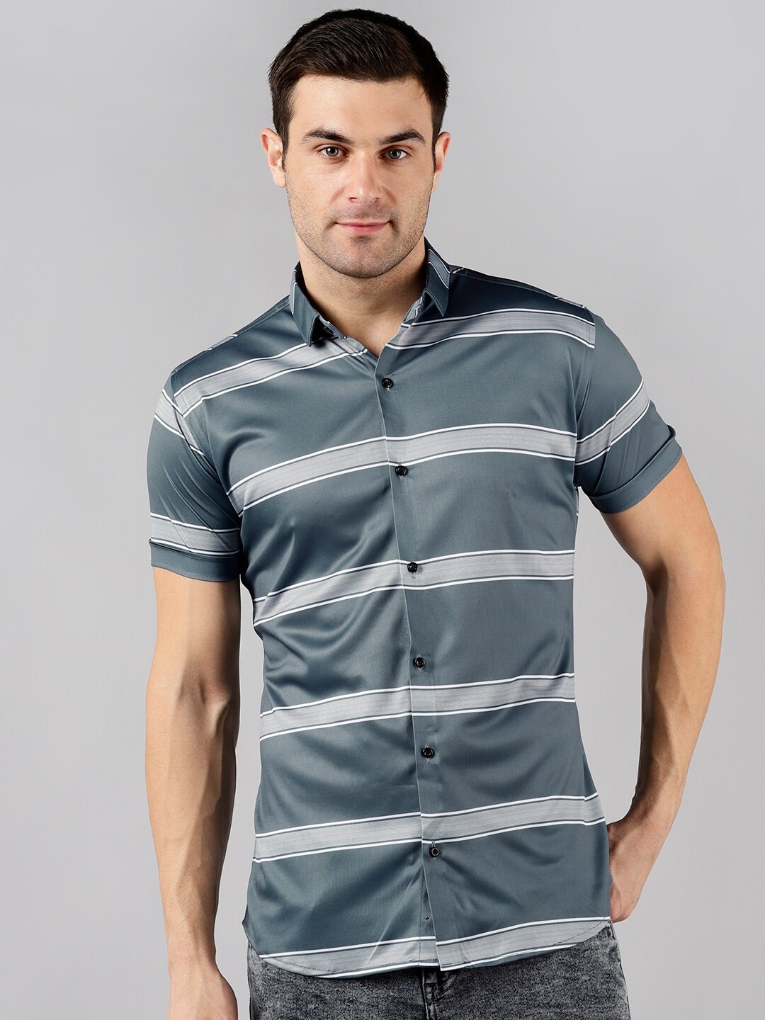 

COMBRAIDED Spread Collar Slim Fit Striped Casual Shirt, Grey