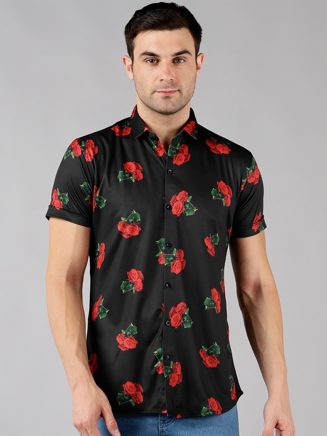 

COMBRAIDED Slim Fit Floral Printed Casual Shirt, Black