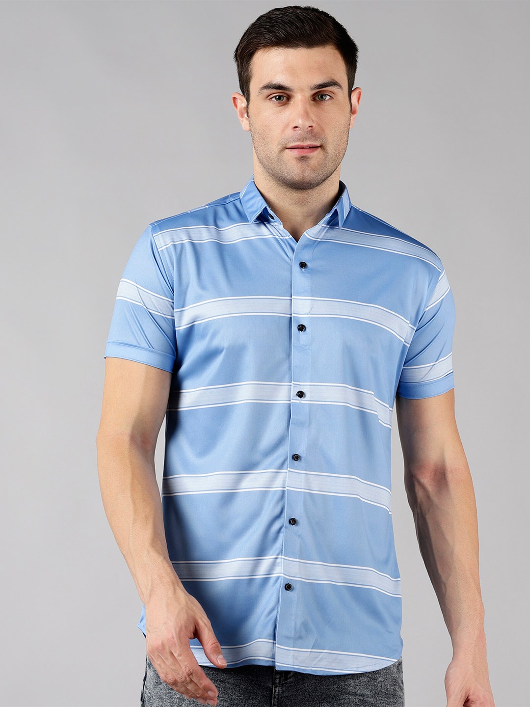 

COMBRAIDED Slim Fit Horizontal Striped Casual Shirt, Blue