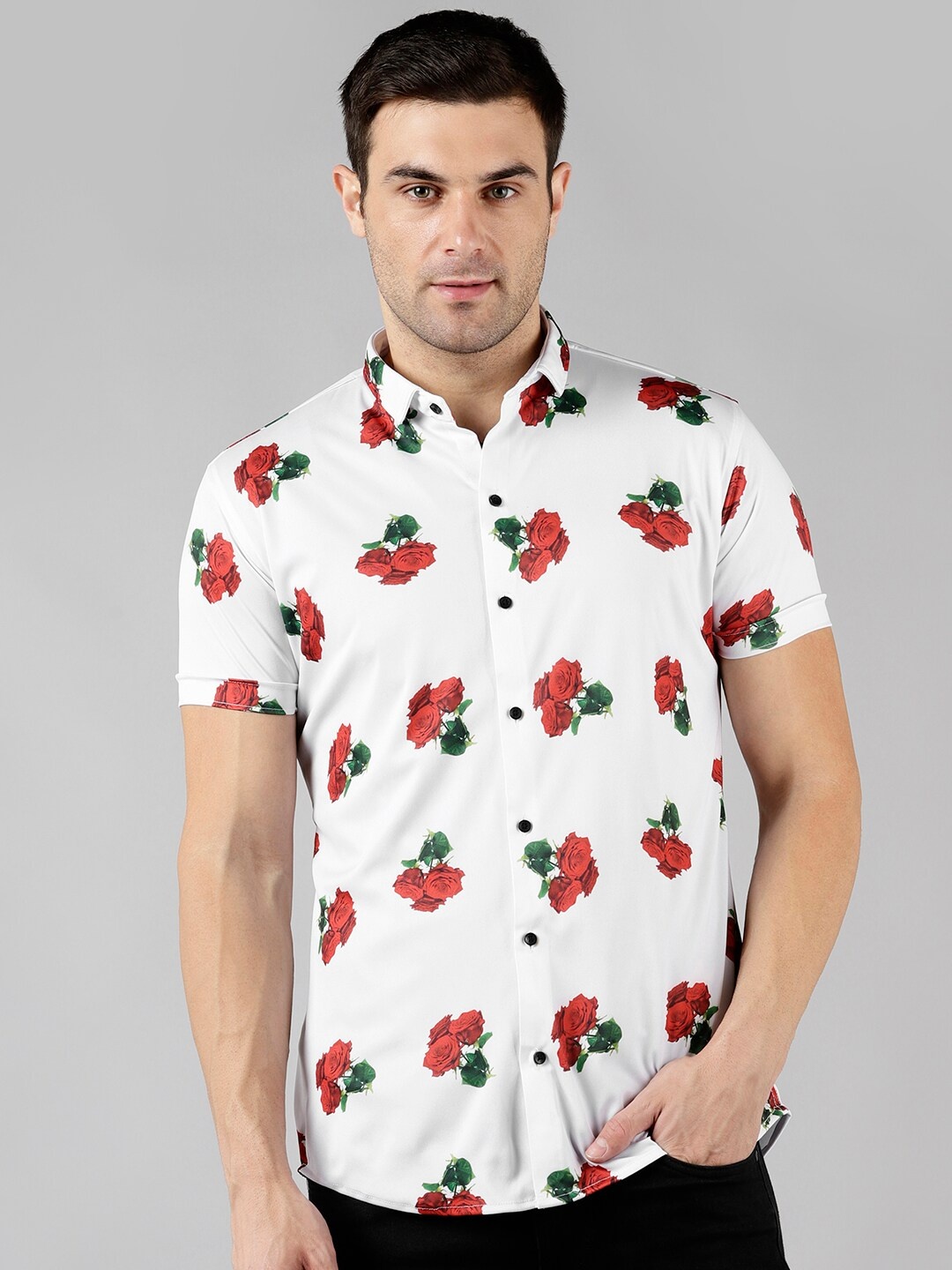 

COMBRAIDED Slim Fit Floral Printed Casual Shirt, White