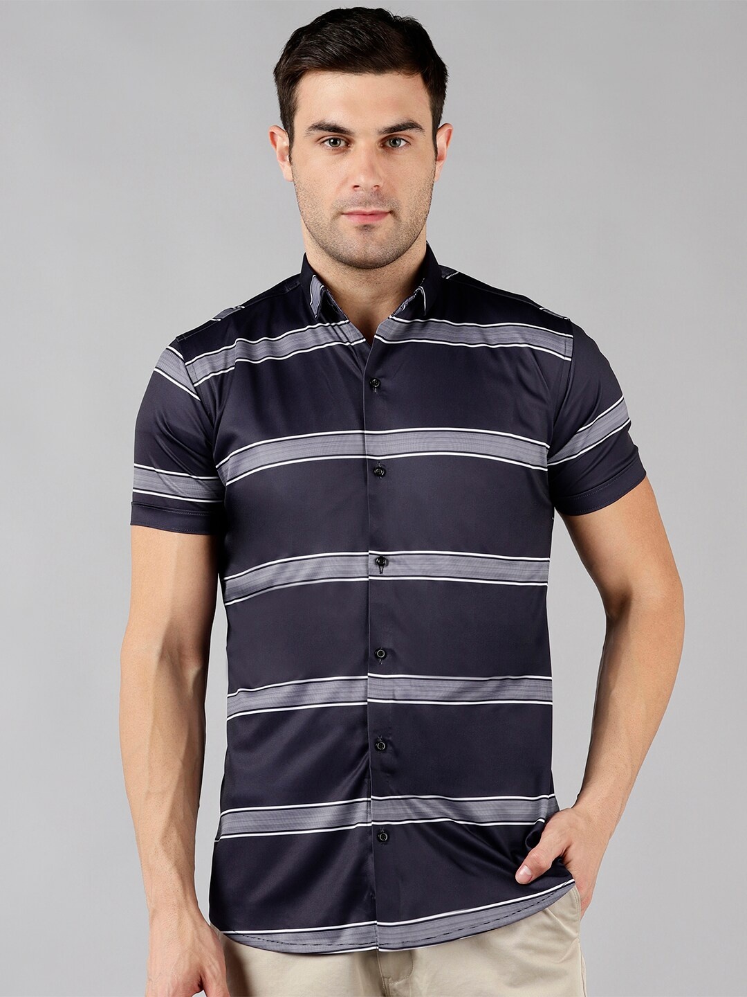 

COMBRAIDED Slim Fit Horizontal Striped Casual Shirt, Blue