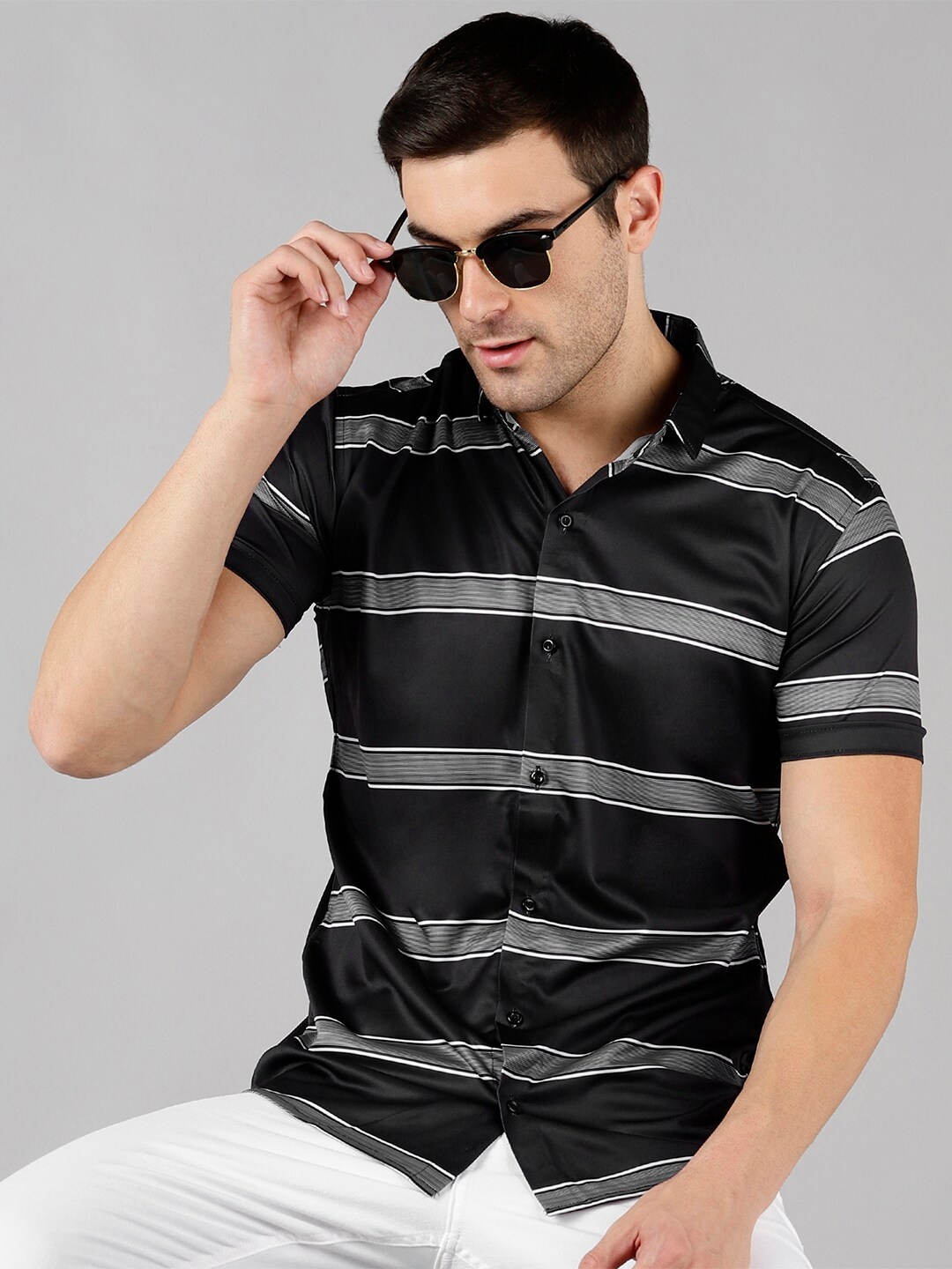 

COMBRAIDED Slim Fit Horizontal Striped Casual Shirt, Black