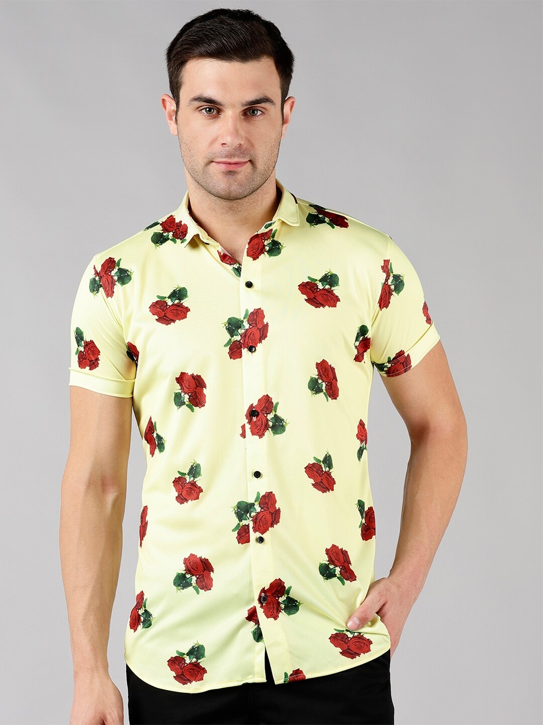 

COMBRAIDED Slim Fit Floral Printed Casual Shirt, Yellow