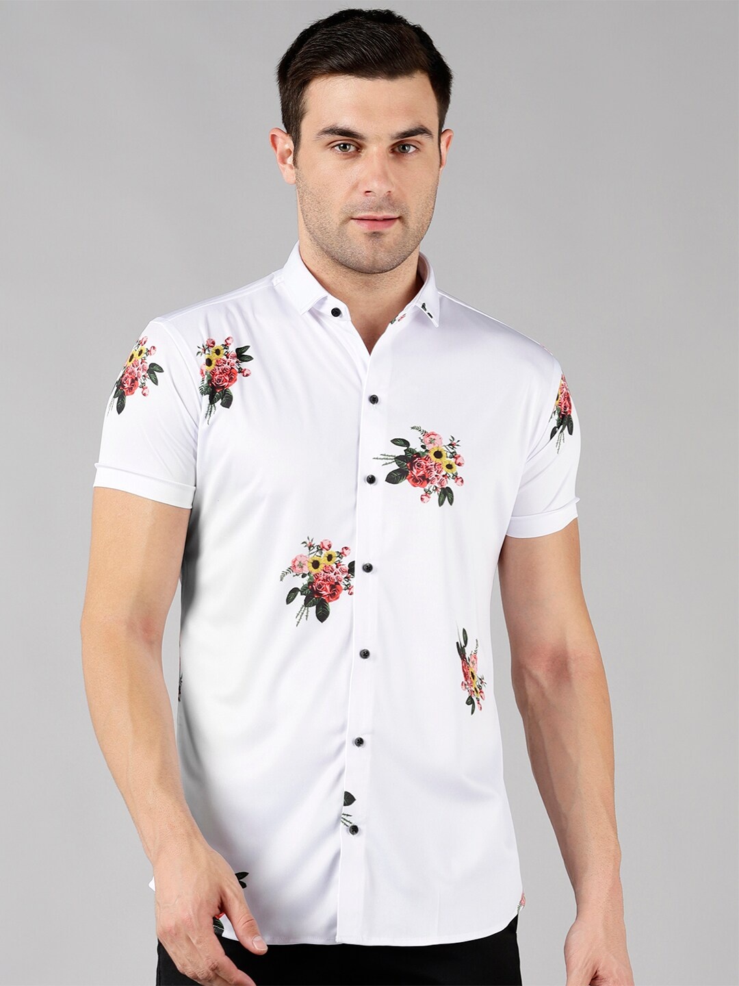 

COMBRAIDED Slim Fit Floral Printed Casual Shirt, White