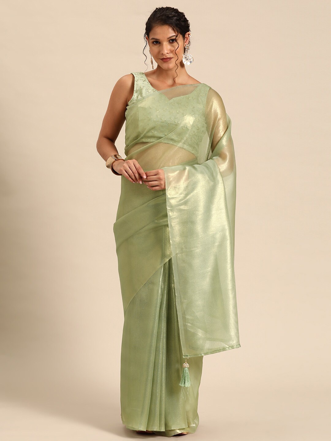 

Pisara Net Saree With Tassel Details, Olive