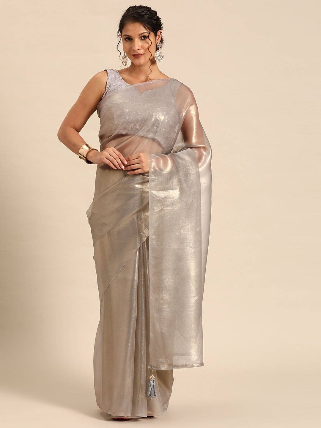 

Pisara Net Saree With Tassel Details, Grey