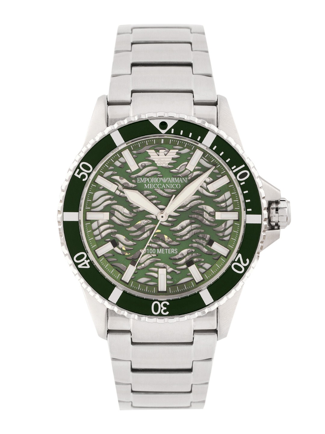 

Emporio Armani Men Skeleton Bracelet Style Analogue Automatic Motion Watch AR60061-Silver, Green