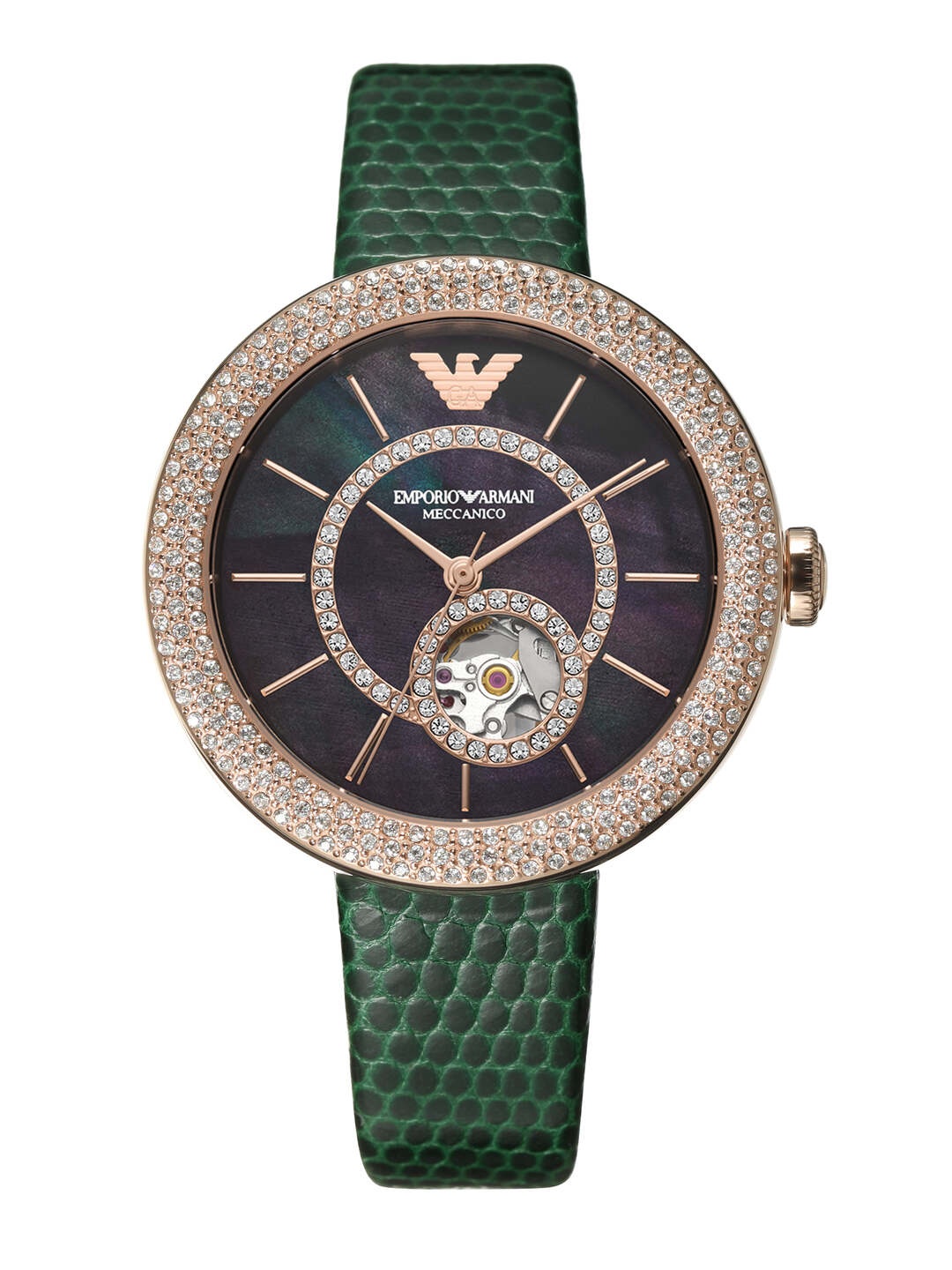 

Emporio Armani Women Embellished Skeleton Dial Automatic Motion Powered Watch AR60069, Black