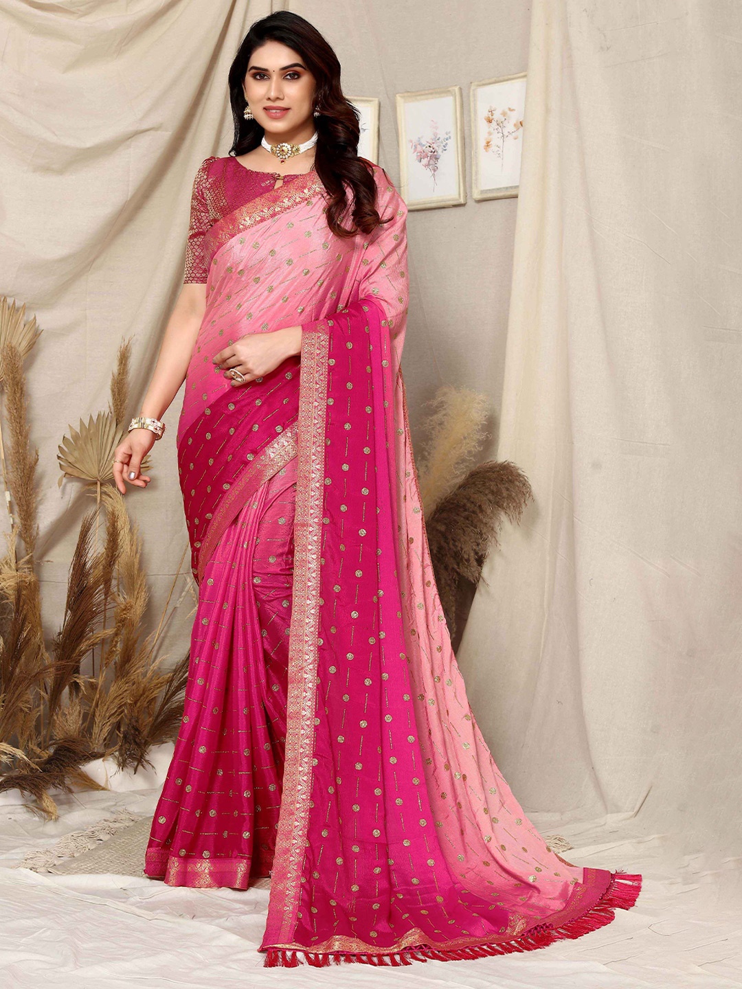 

TEREZA Ombre Zari Banarasi Saree, Pink