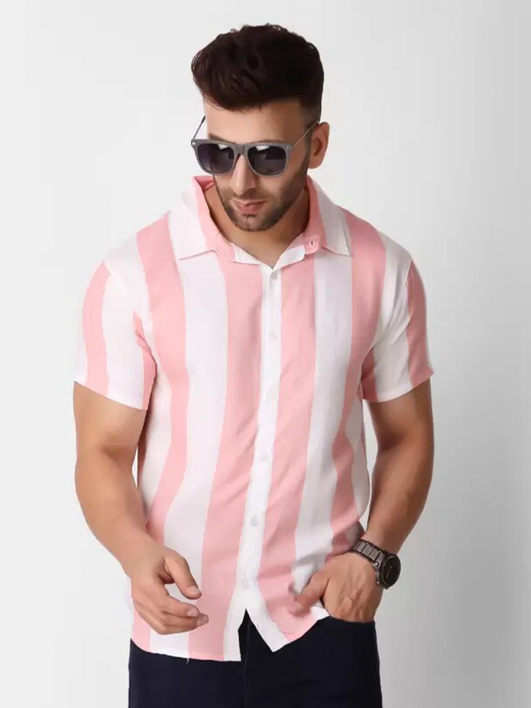 

PLUS 91 Standard Striped Spread Collar Casual Shirt, Pink