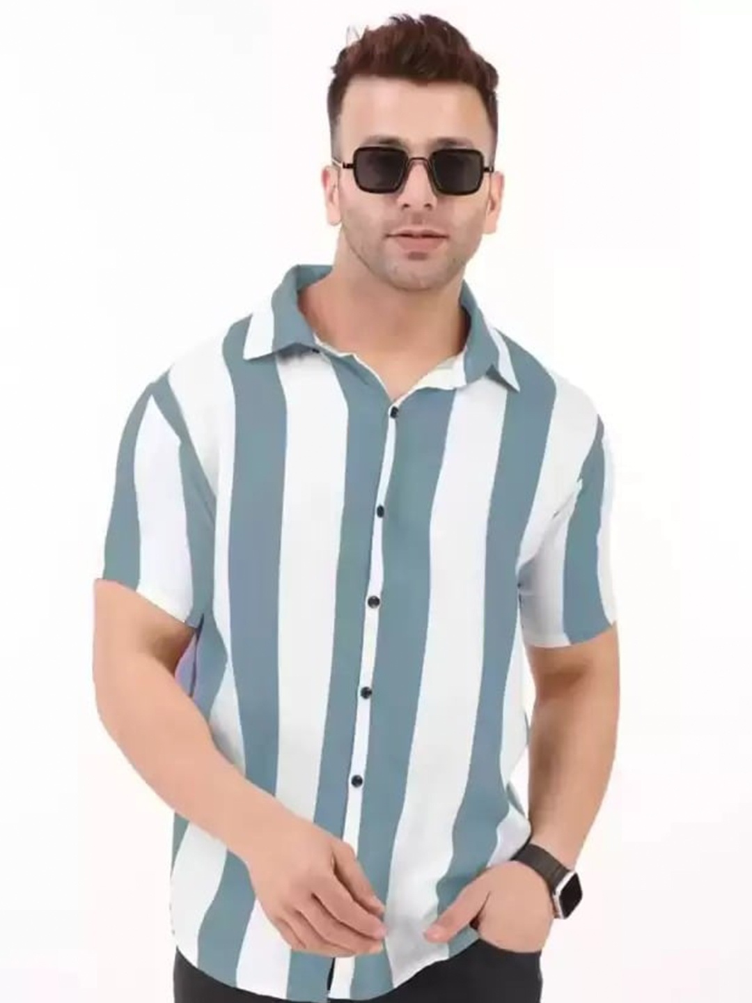 

PLUS 91 Standard Vertical Striped Cotton Shirt, Grey
