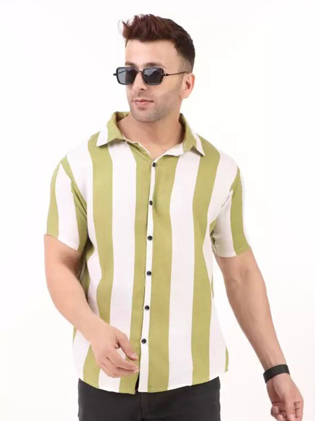

PLUS 91 Standard Striped Spread Collar Casual Shirt, Green