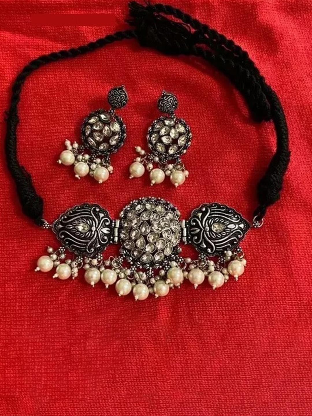 

Samridhi DC Silver-Plated Oxidised Stone-Studded & Beaded Jewellery Set