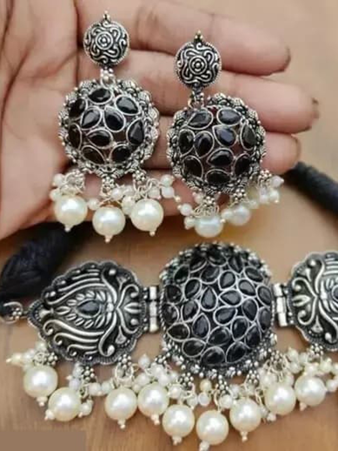 

Samridhi DC Silver-Plated Stone-Studded & Beaded Oxidised Jewellery Set