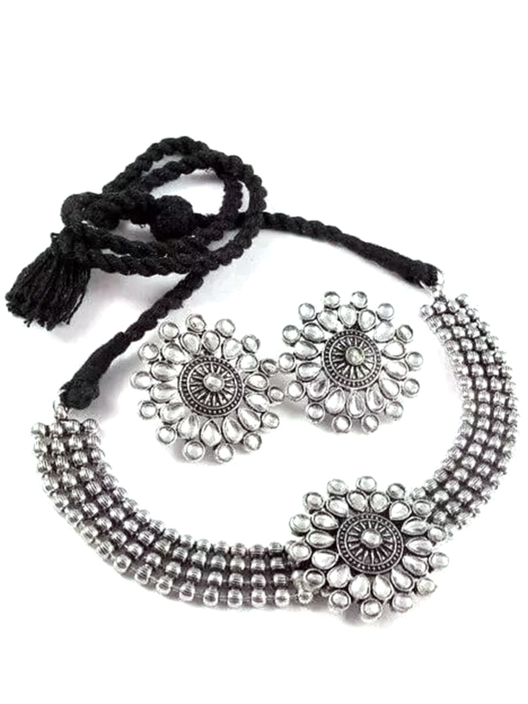 

Samridhi DC Oxidised Silver-Plated Stone-Studded & Beaded Necklace & Earrings