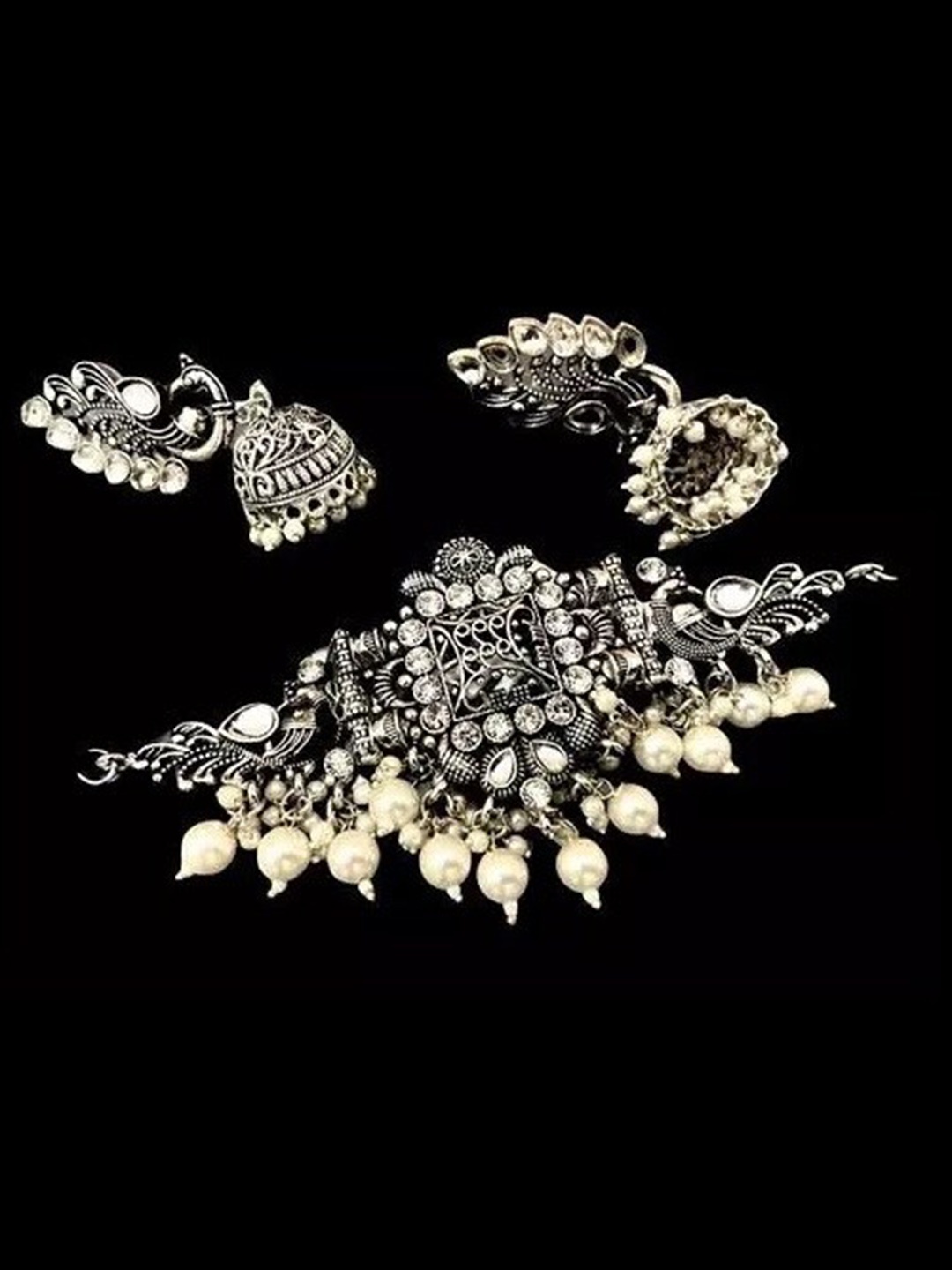 

Samridhi DC Silver-Plated Oxidised Stone-Studded & Beaded Jewellery Set