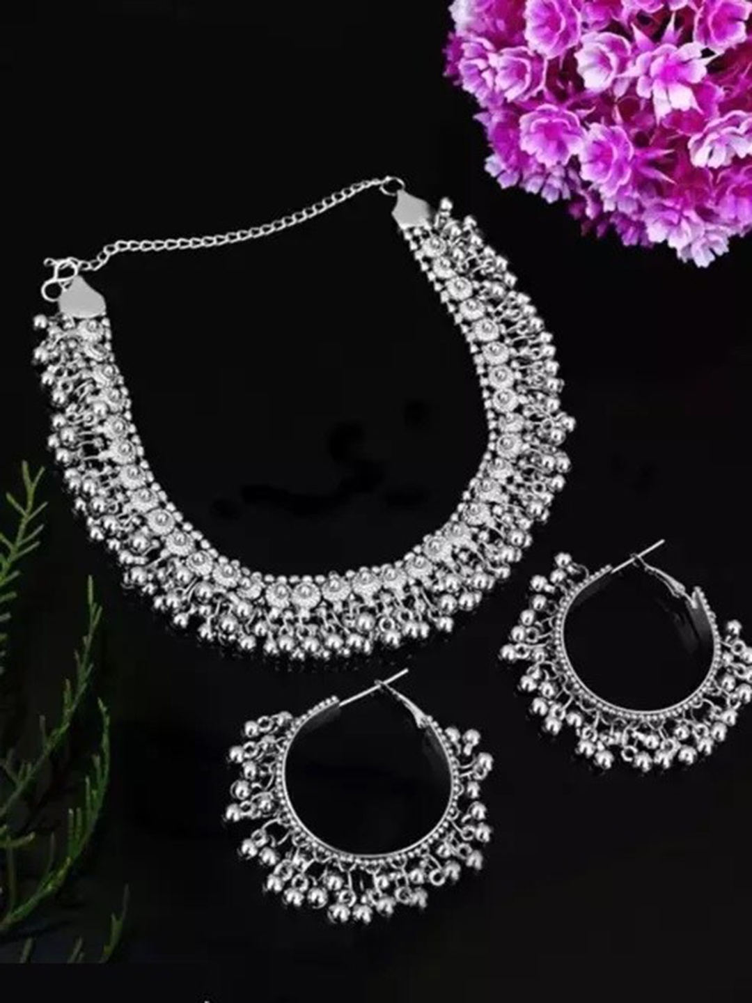 

Samridhi DC Silver-Plated Beaded Oxidised Jewellery Set