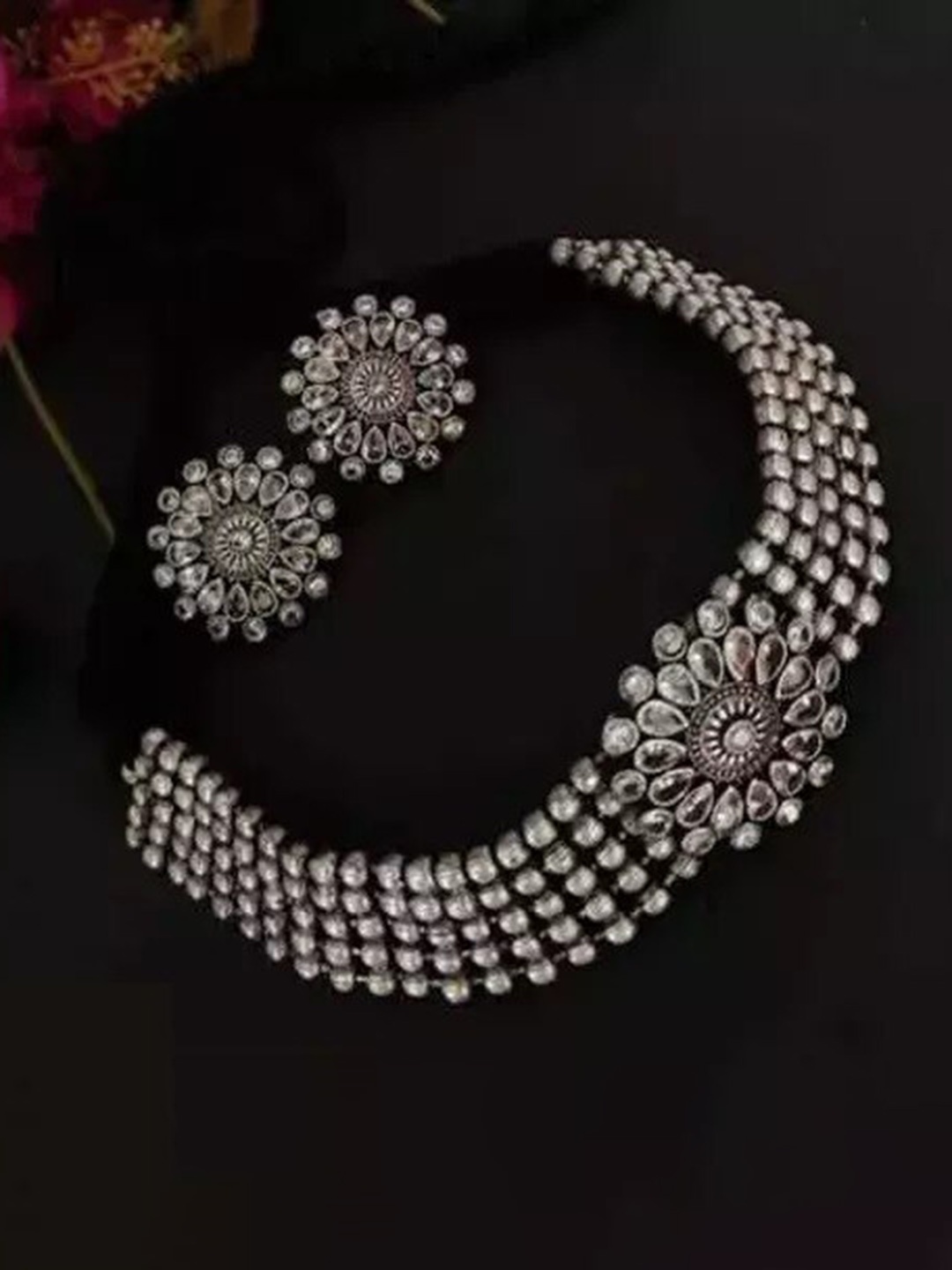 

Samridhi DC Silver-Plated Oxidised Stone-Studded & Beaded Necklace & Earrings