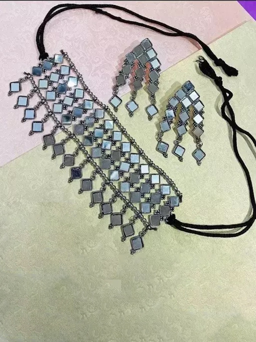

Samridhi DC Silver-Plated Oxidised Mirror-Studded & Beaded Jewellery Set