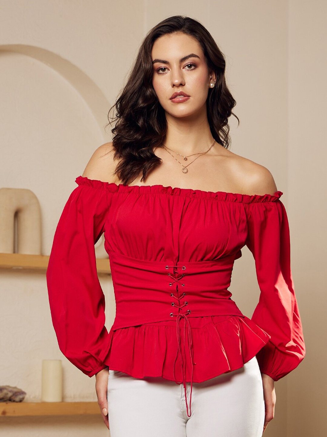 

Berrylush Red Off-Shoulder Puff Sleeves Tie Ups Detail Bardot Crop Top