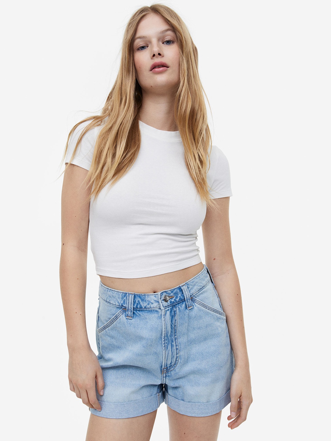 

H&M Women High-Waisted Cotton Cargo Shorts, Blue