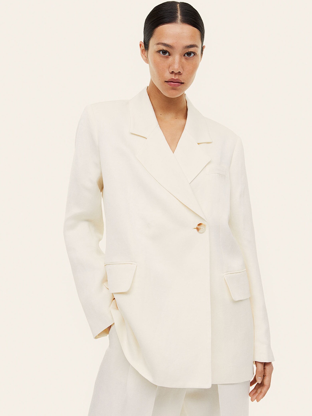 

H&M Double-Breasted Linen-Blend Blazer, White