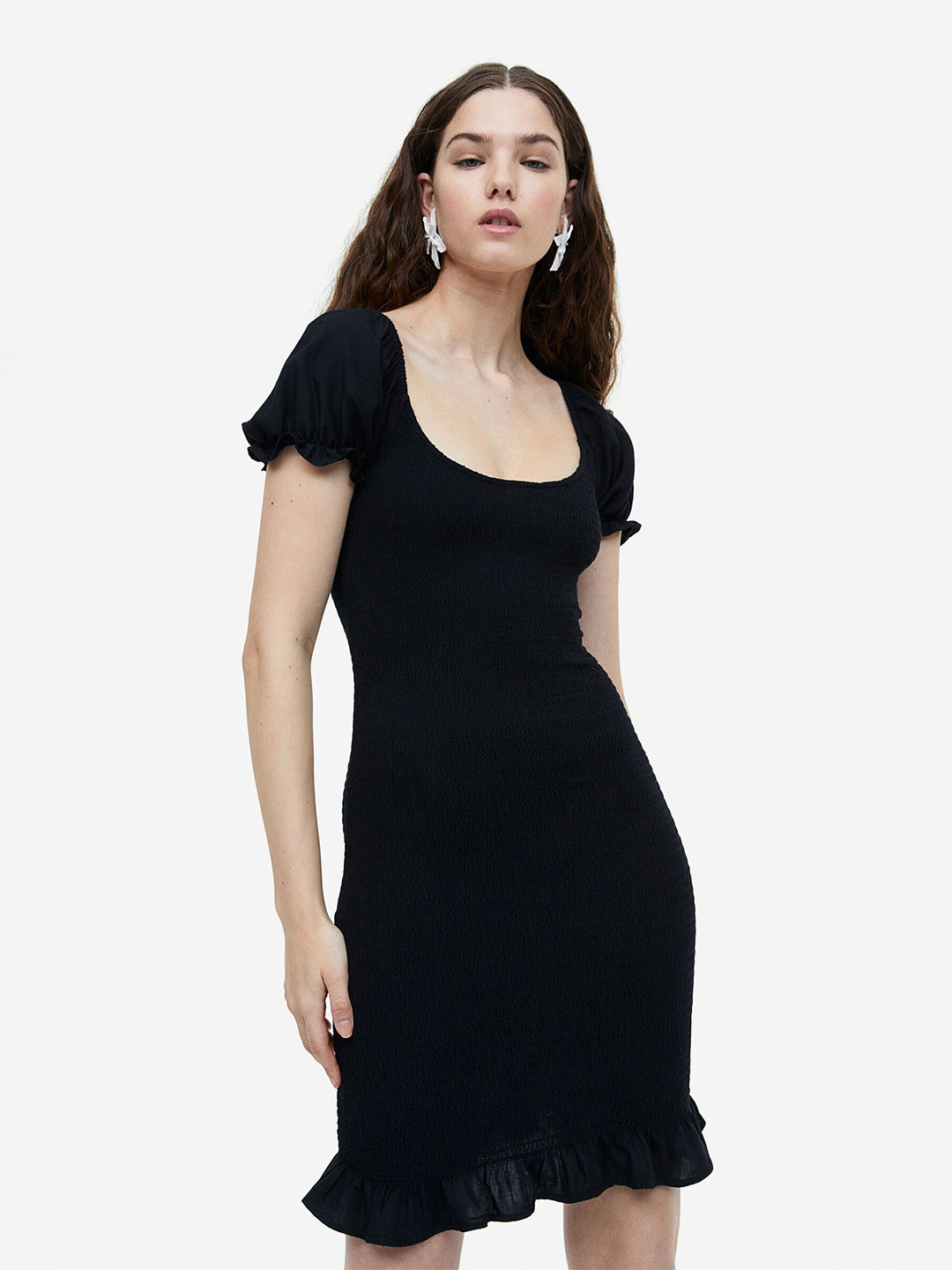 

H&M Puff-Sleeved Smocked Dress, Black