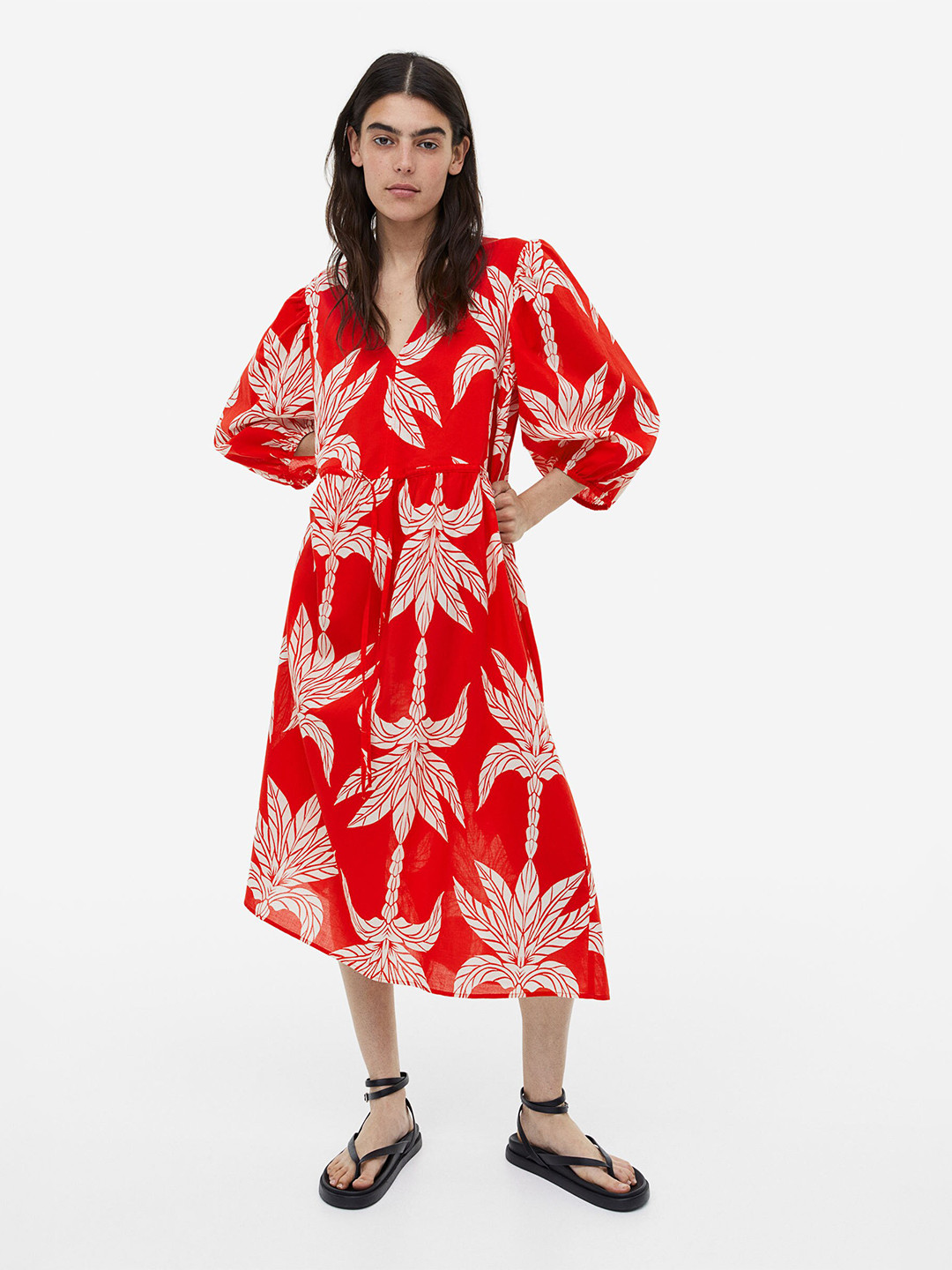 

H&M Balloon-Sleeved Pure Cotton Dress, Red