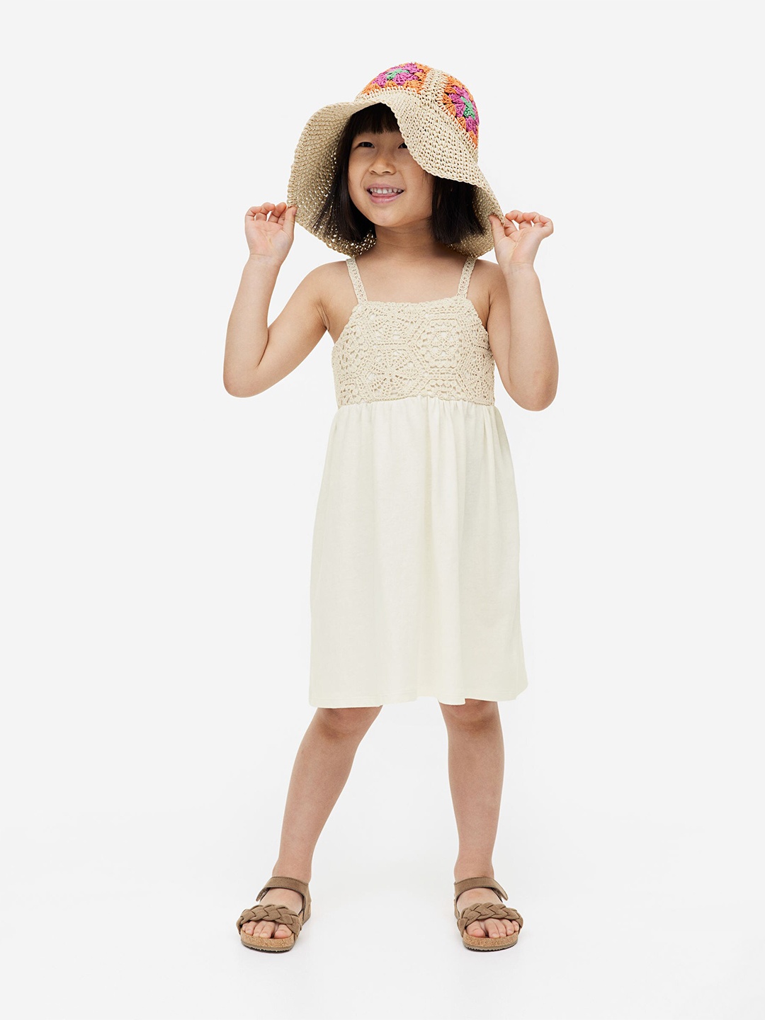 

H&M Girls Cotton Crochet-Look Dress, Beige