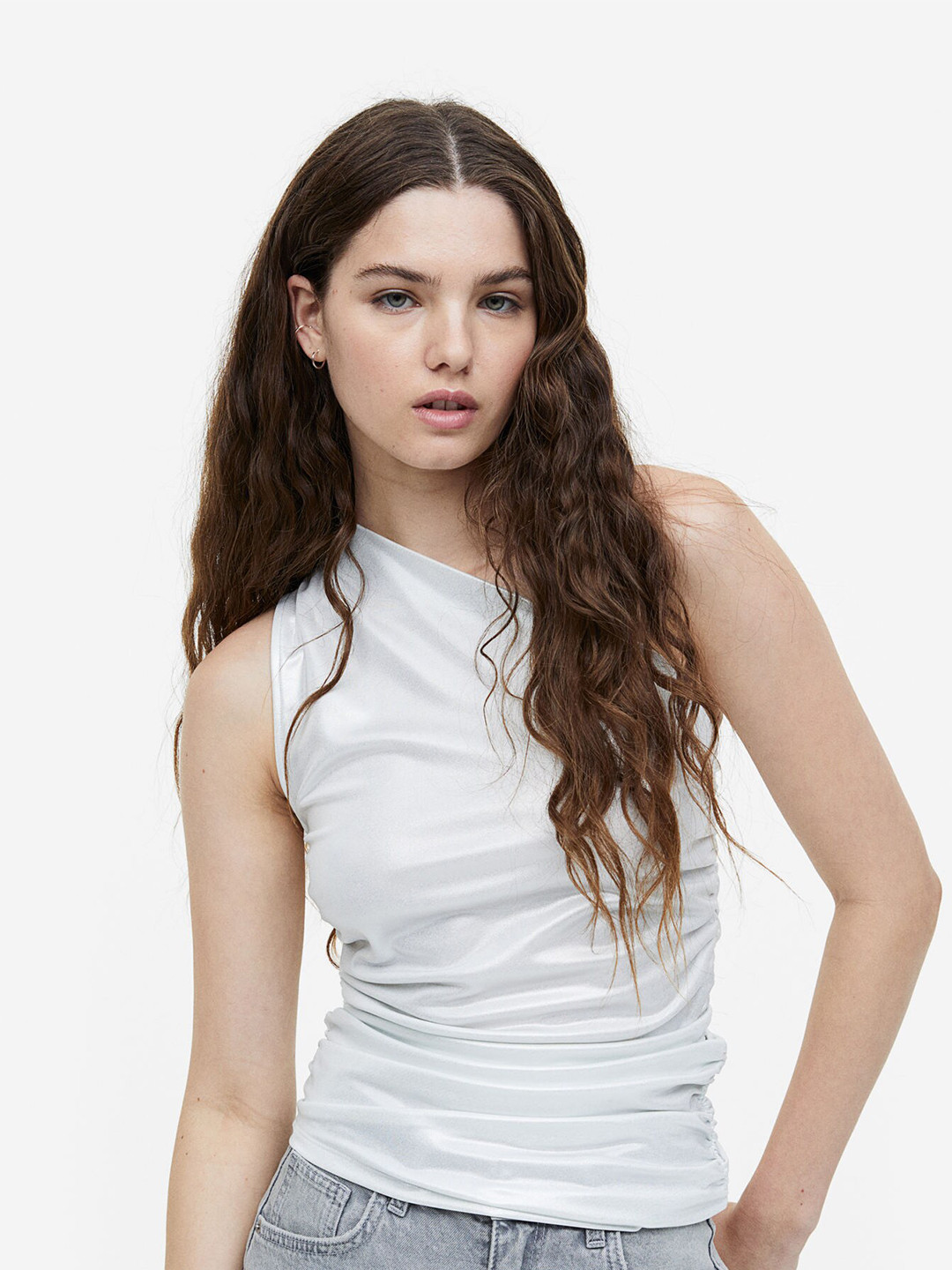 

H&M Gathered One-Shoulder Top, Silver