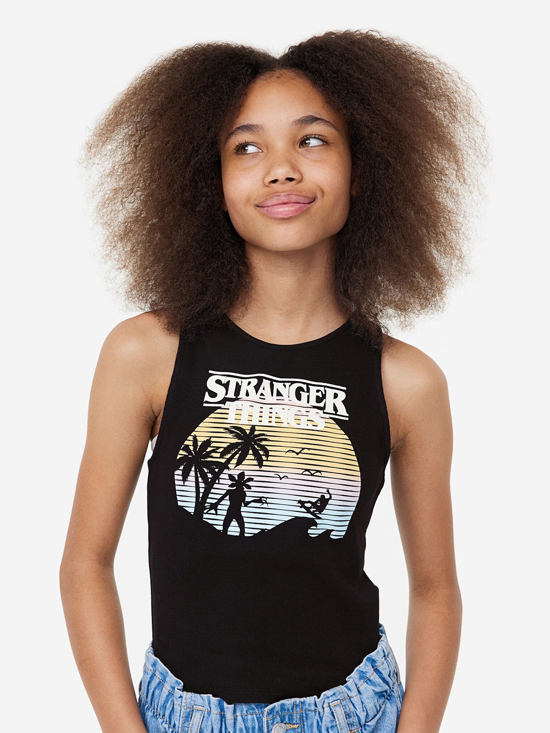 

H&M Girls Stranger Things Ribbed Vest Top, Black