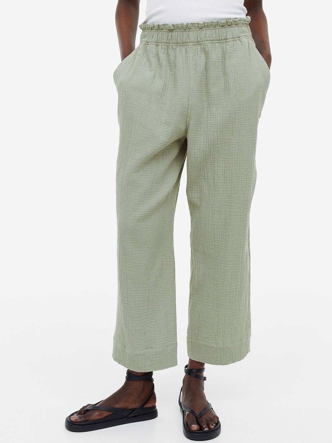 

H&M Pure Cotton Paper Bag Trousers, Green