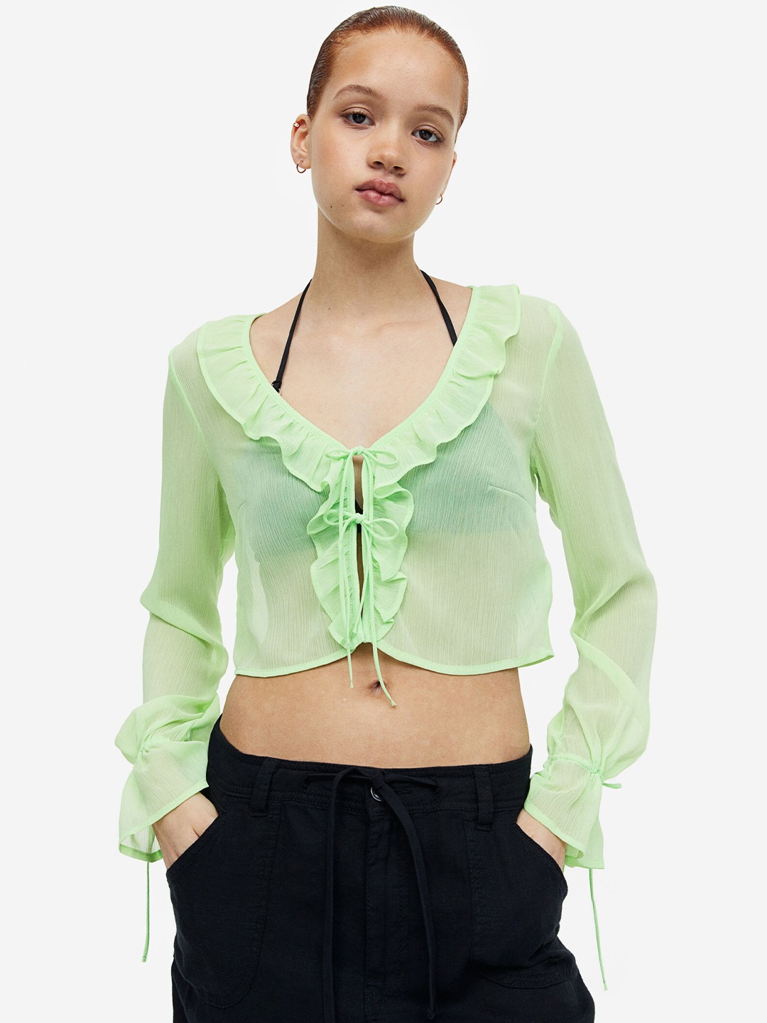 

H&M Frill-Trimmed Crepe Blouse, Green