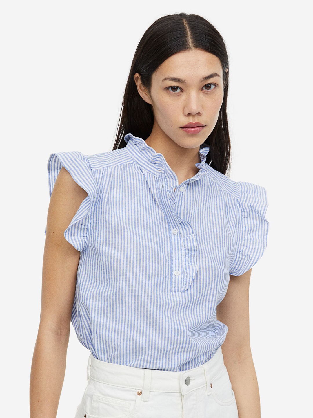 

H&M Frill-Trimmed Linen-Blend Blouse, Blue
