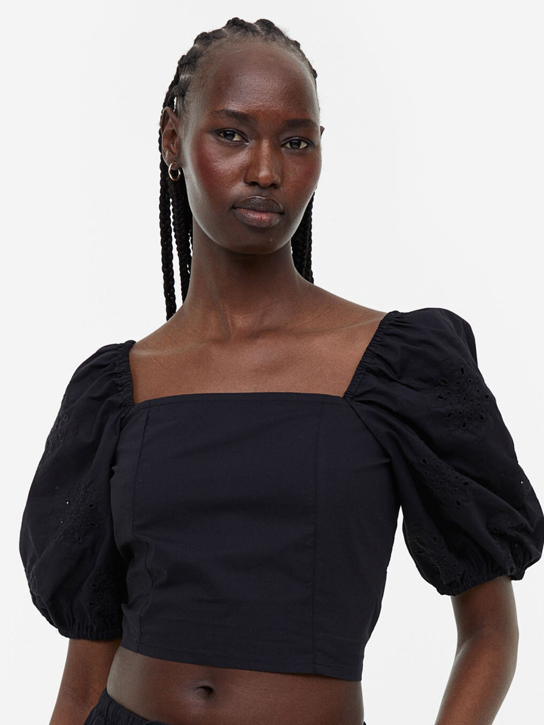 

H&M Puff-Sleeved Cotton Blouse, Black