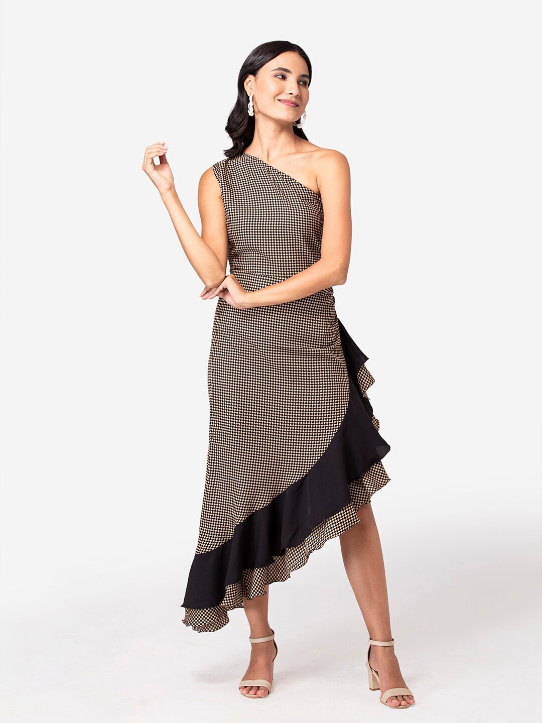 

BAESD Checked Printed One Shoulder Fit And Flare Maxi Dress, Black